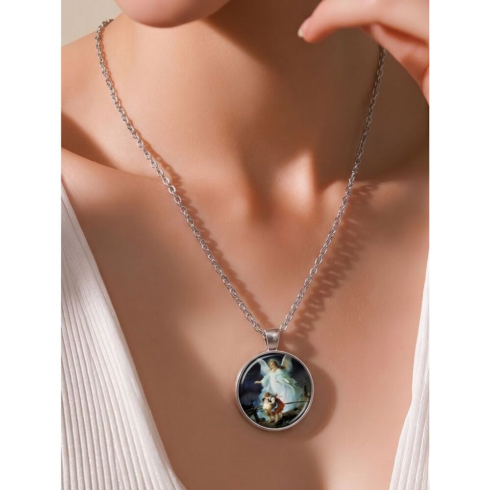 Guardian Angel Necklace Plockhorst Painting Silver Pendant Christian Jewelry